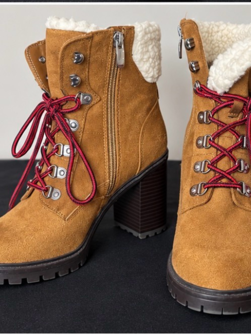 Nine West Tan Faux-Suede Sherpa-Lined Lace-Up Heeled Boots with Red Laces